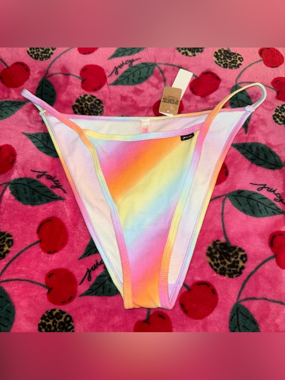 NWT Victoria's Secret PINK Rainbow Gradient High Leg String Bikini Panty Size XL